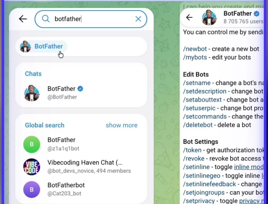 البحث عن BotFather واختيار الحساب الموثق