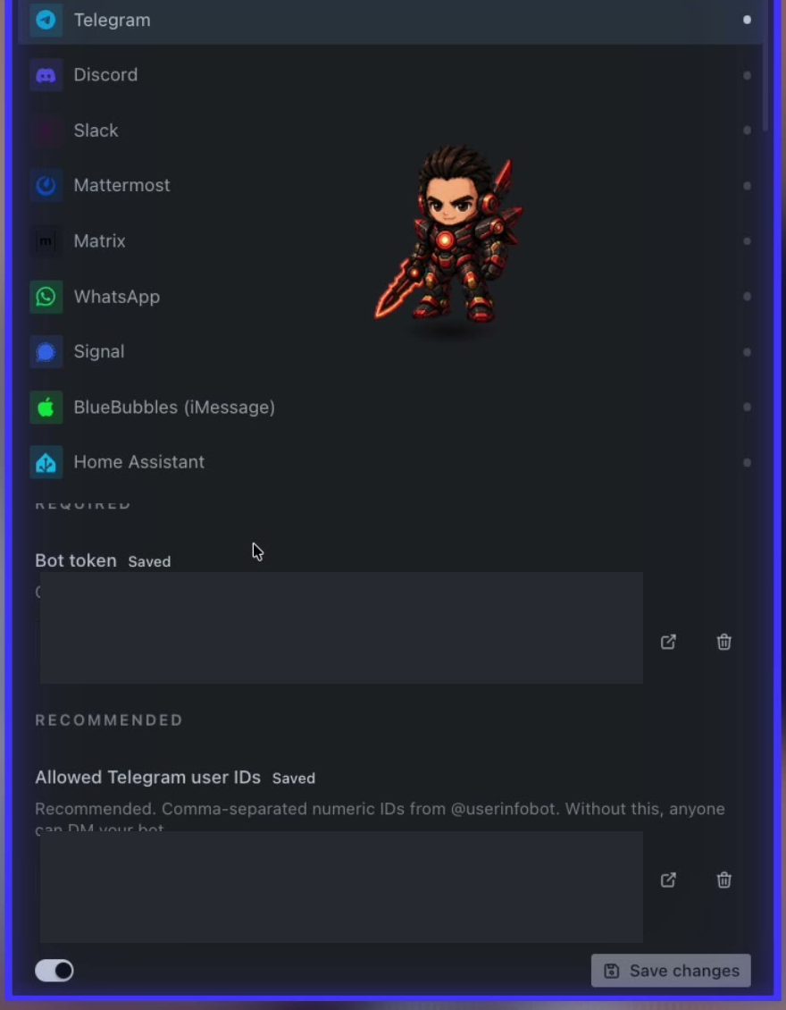 اختيار Telegram داخل Messaging في Hermes مع خانات الإعدادات